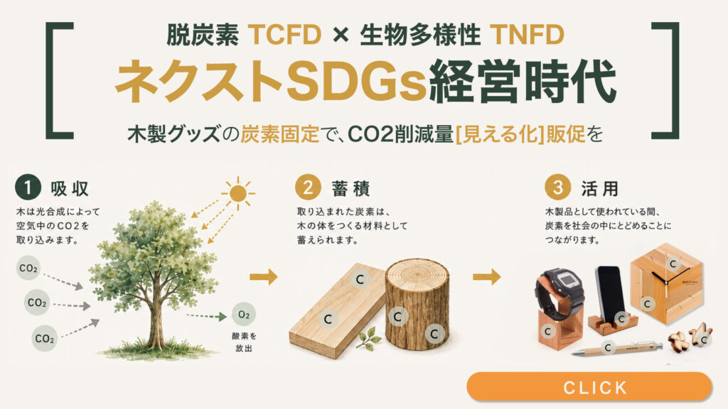 ネクストSDGs経営時代に、木のノベルティで炭素固定（CO2削減量）の見える化販促を