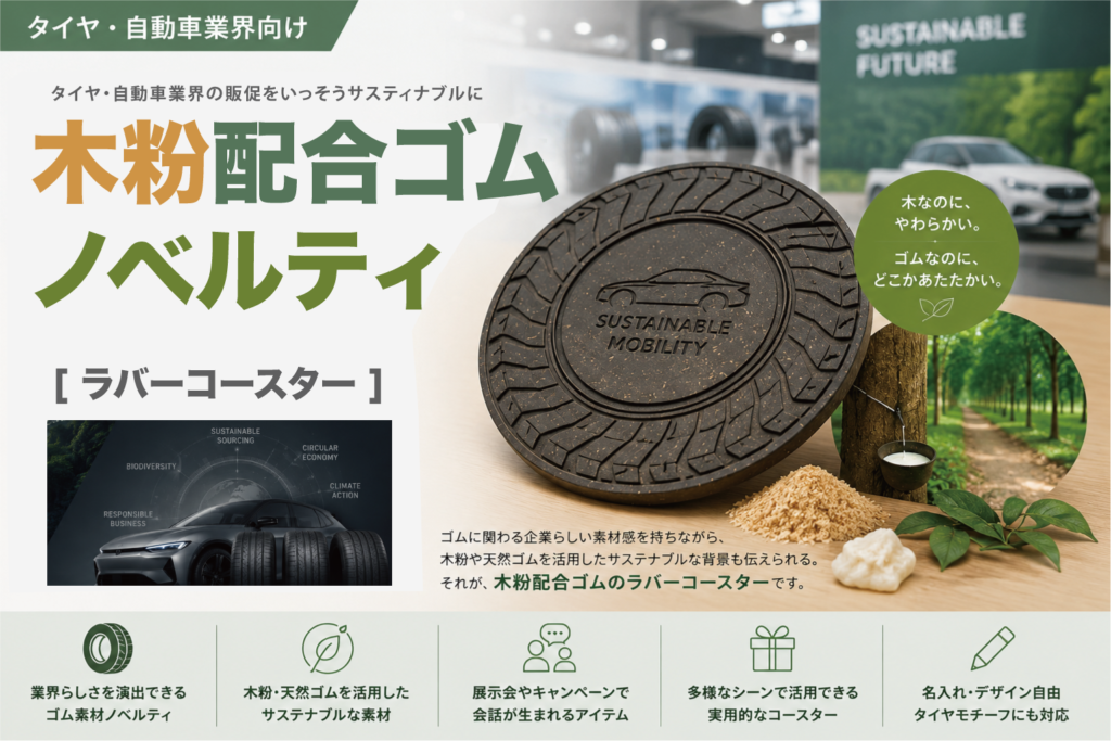 木粉配合ゴムのノベルティ「ラバーコースター」でタイヤ・自動車業界の販促を、いっそうサスティナブルに。